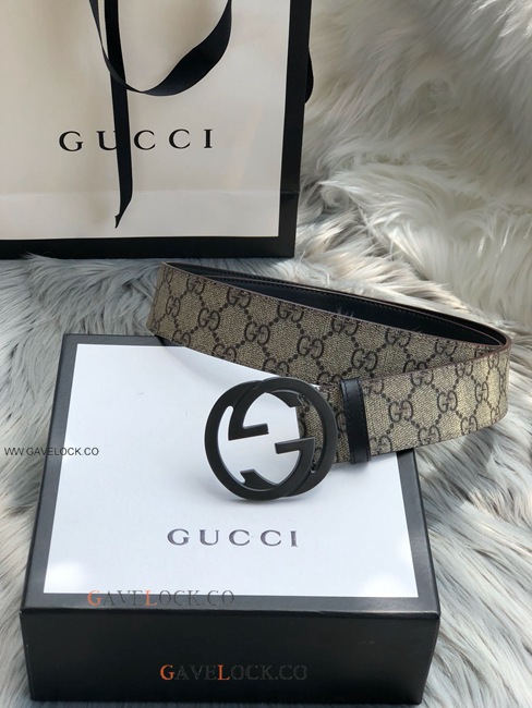 Gucci Black Leather Belt PVC Brown Monogram Black Buckle